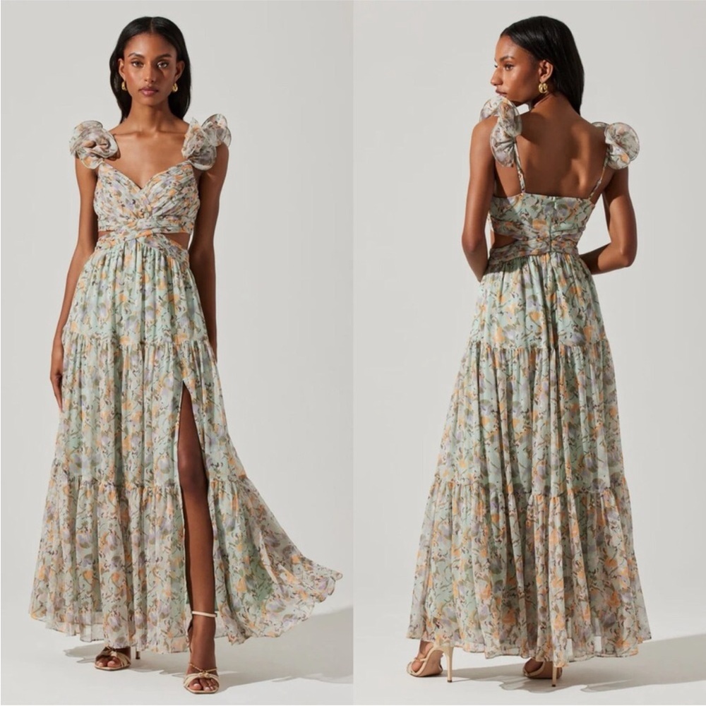 New ASTR Fritillaria Ruffle Floral Print Maxi Dress Mint Purple Thigh Slit Large